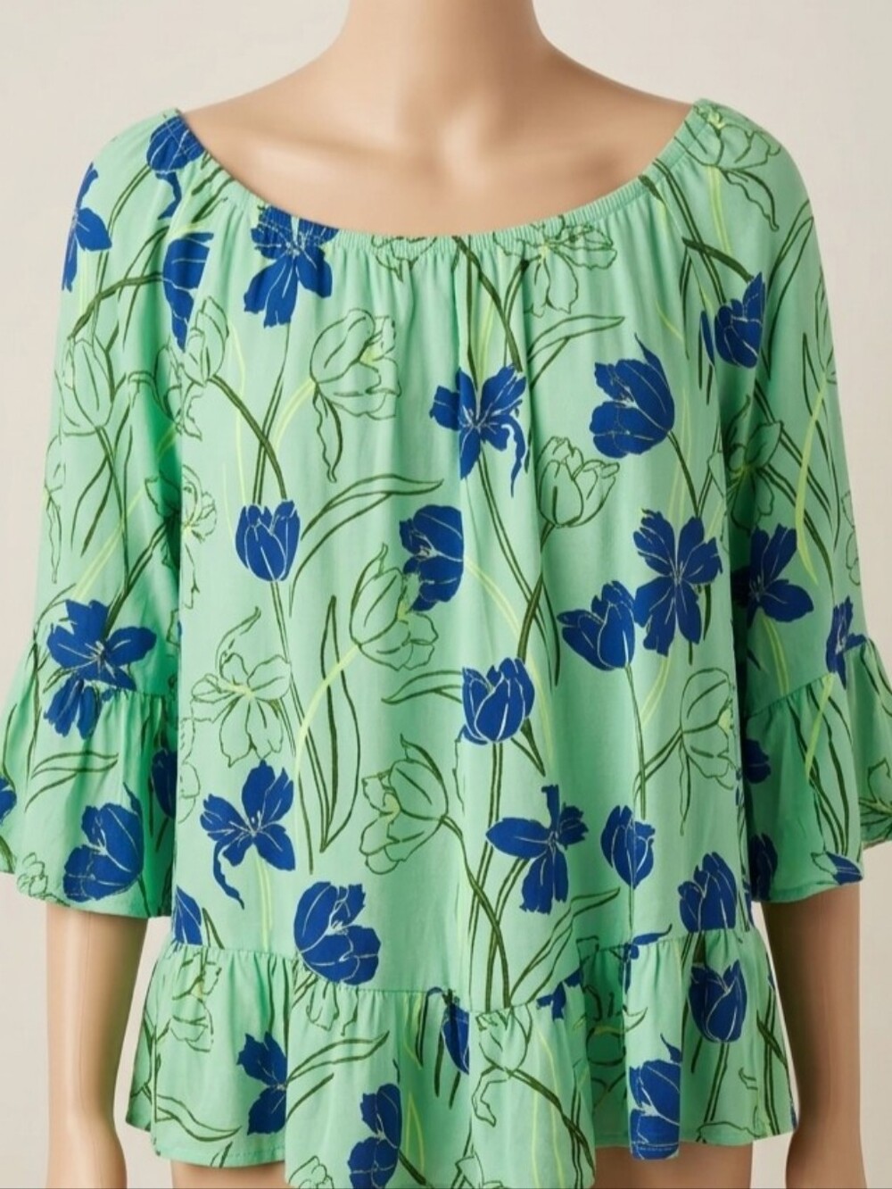 Off-Shoulder Tunic Mint with Navy Floral Blossoms Babydoll Festival Size PS